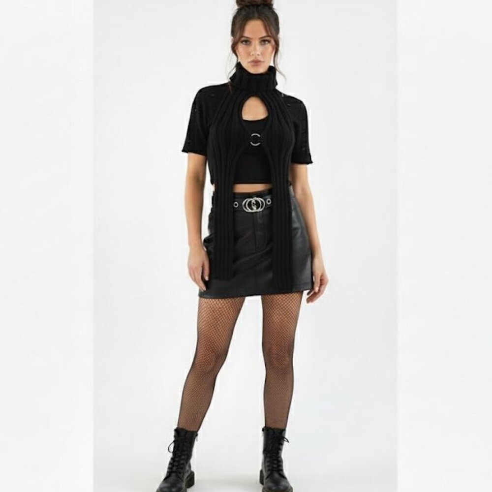 Handmade Rib Knit ORing Party Rave Festival Turtleneck Halter Top Black